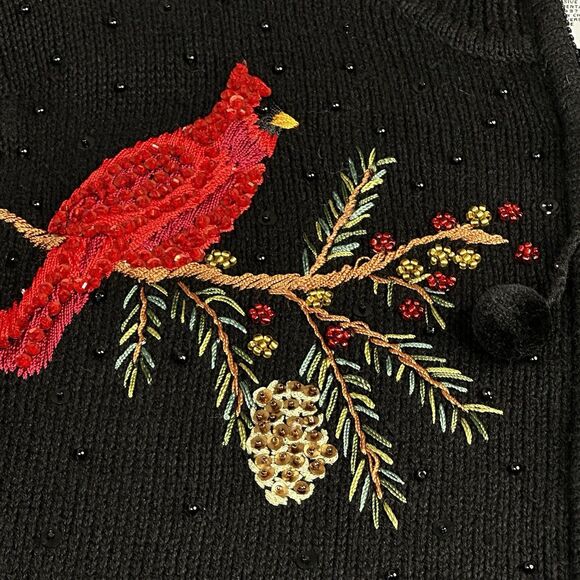 Vtg  Heirloom Collectibles Medium Cardigan Black Sweater Cardinal Beaded Holiday - Picture 2 of 9